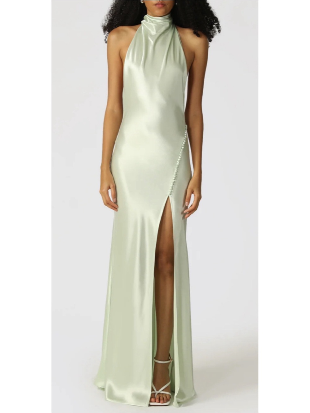 SAU LEE Penelope Mockneck Draped Satin Pistachio Green Maxi Dress Size 10 - Picture 2 of 9